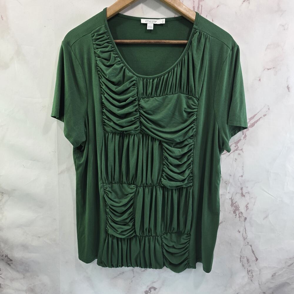 Chicos T Shirt Women 3 XL Green Ruched Jersey Knit Tee Textured Ruffle Dark